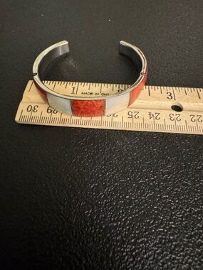 Enamel Inlay Cuff Bracelet with Orange and Mother of Pearl White Panels